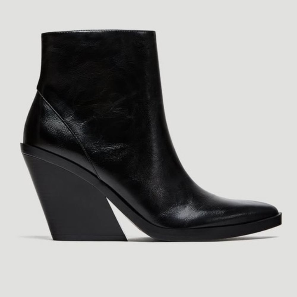 Zara Women Black Ankle Cowboy Western Boots With Chunky Heel